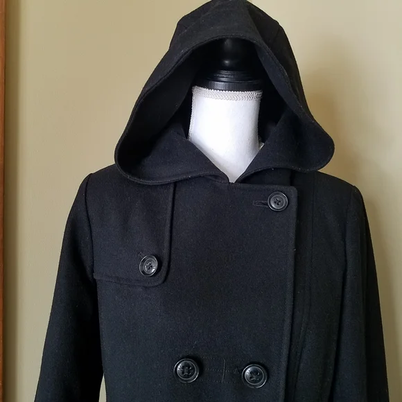 NAUTICA Black Hooded Wool Double Breasted Peacoat - Picture 3 of 13